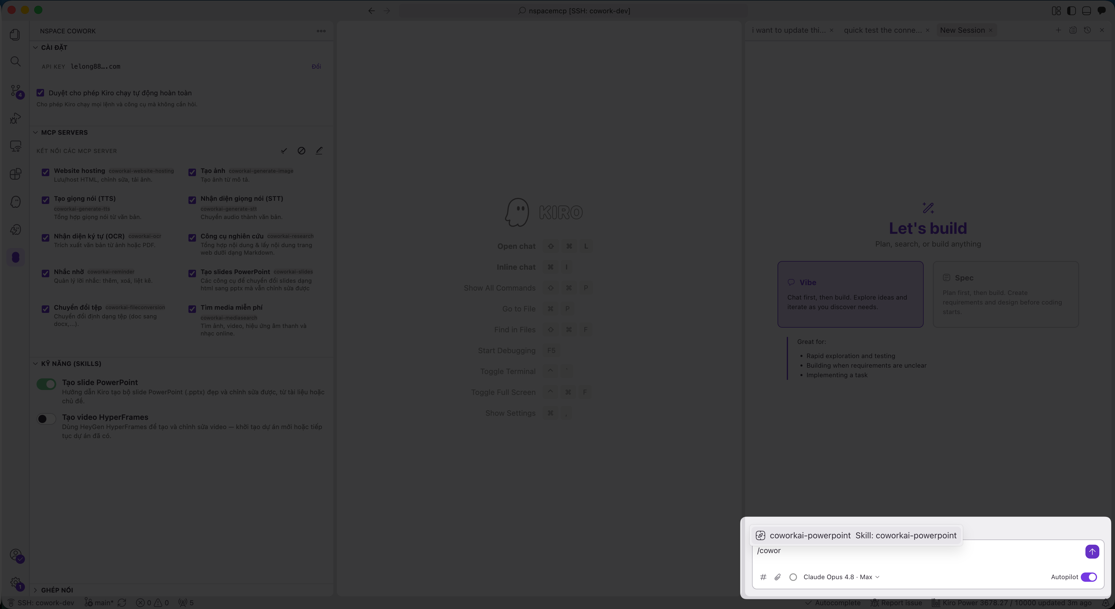 Kích hoạt skill trong chat bằng cách gõ dấu gạch chéo ngược rồi chọn coworkai
