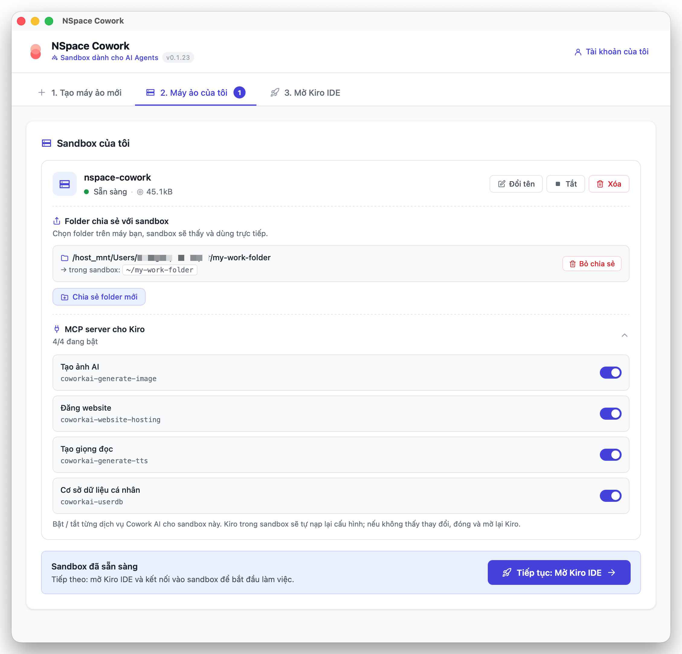 Minh hoạ AI agent chạy trong sandbox NSpace Cowork