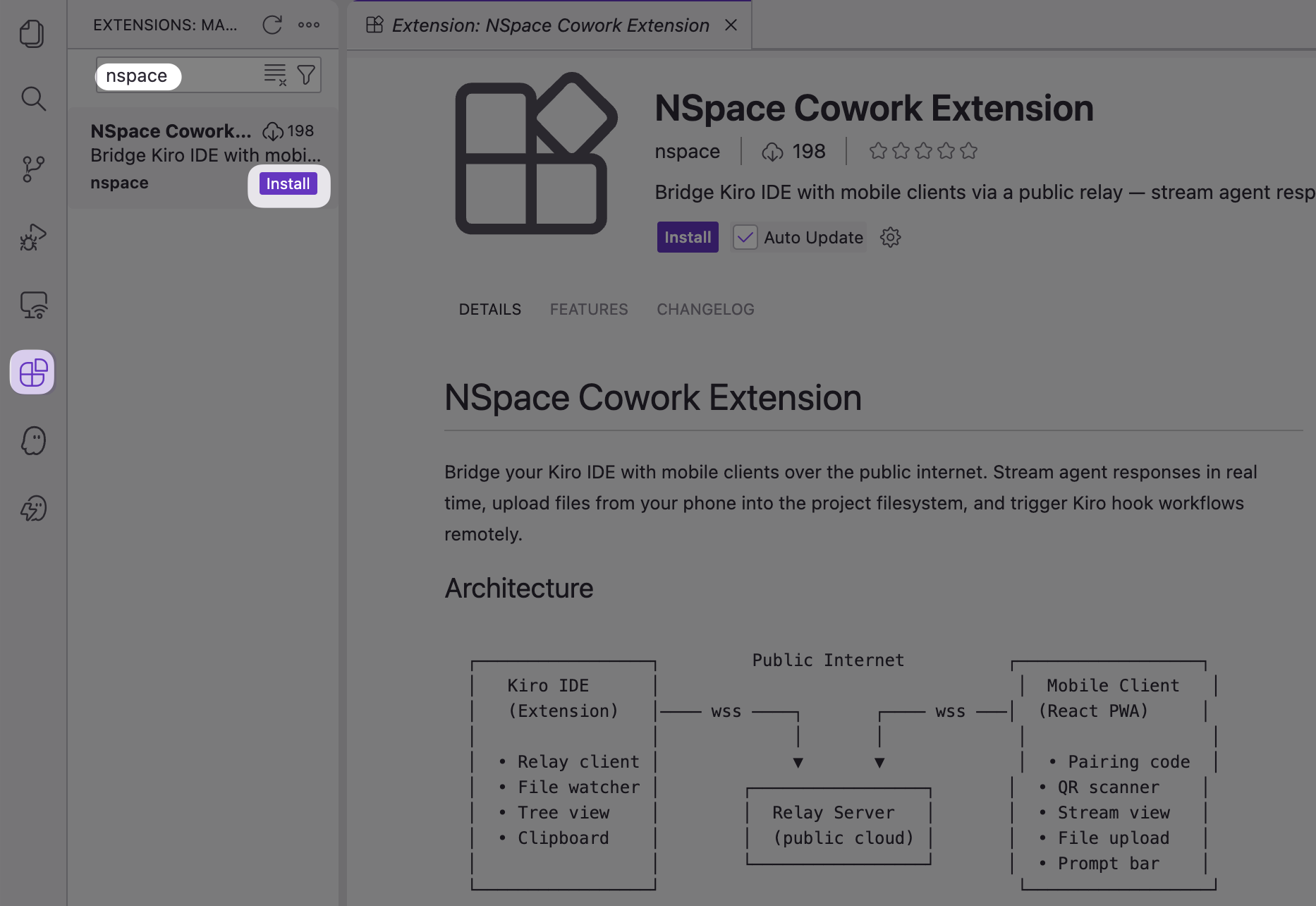 Cài extension NSpace Cowork trong Kiro