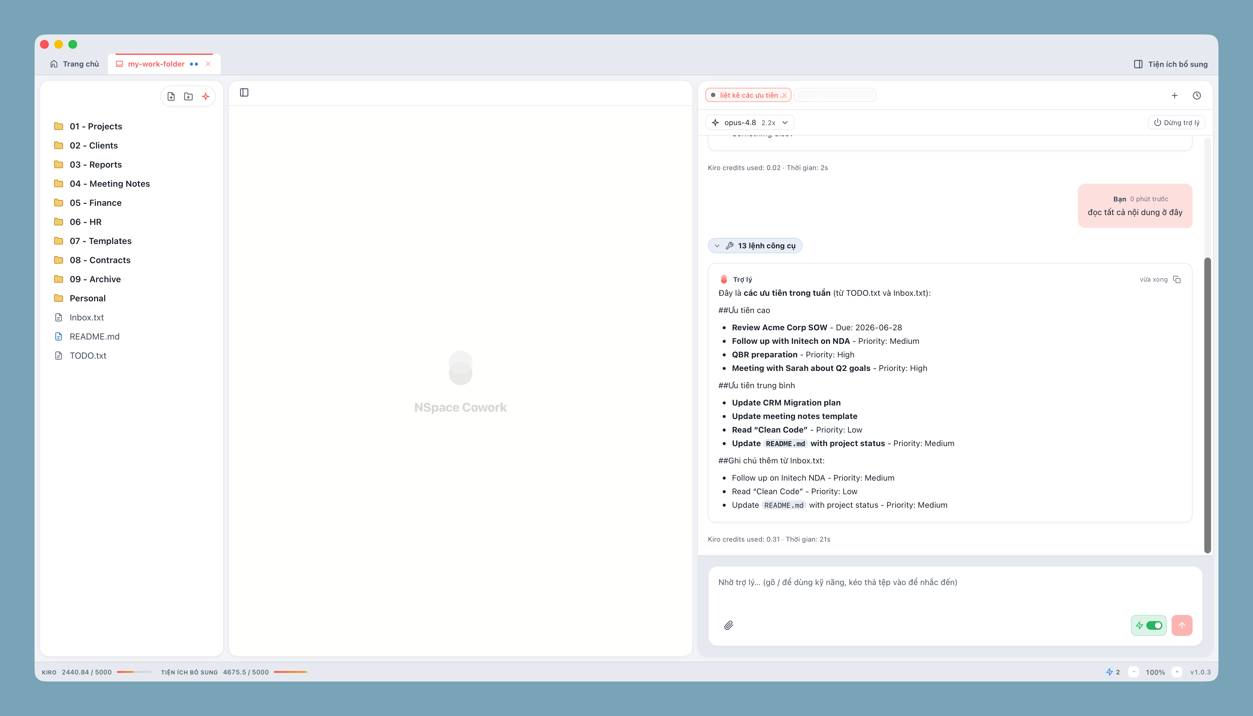 Tab Home của app desktop NSpace Cowork