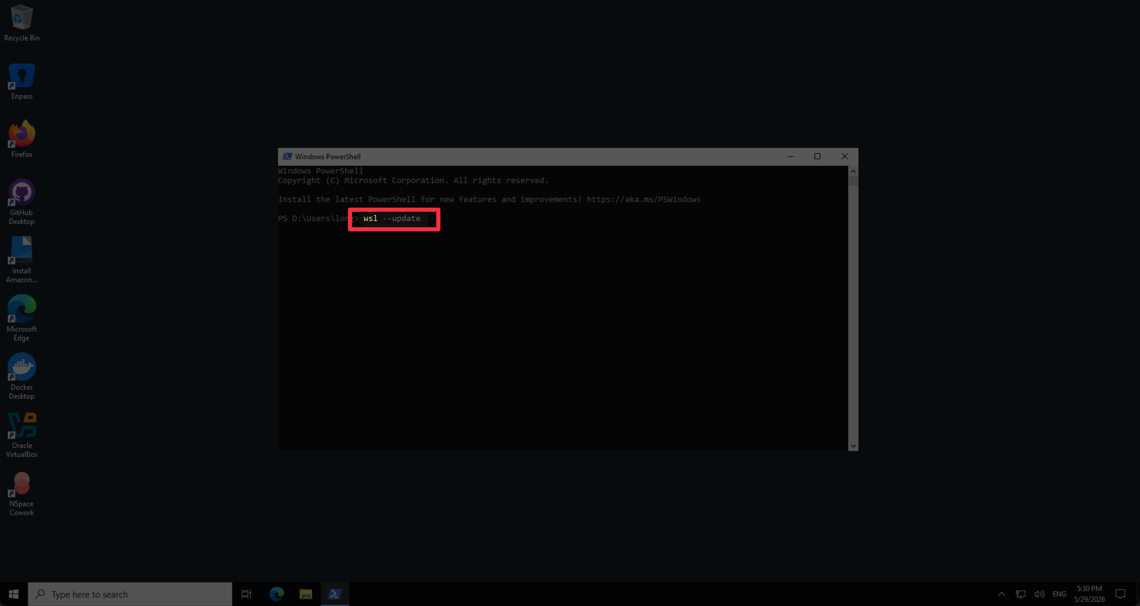 Chạy lệnh wsl --update trong PowerShell